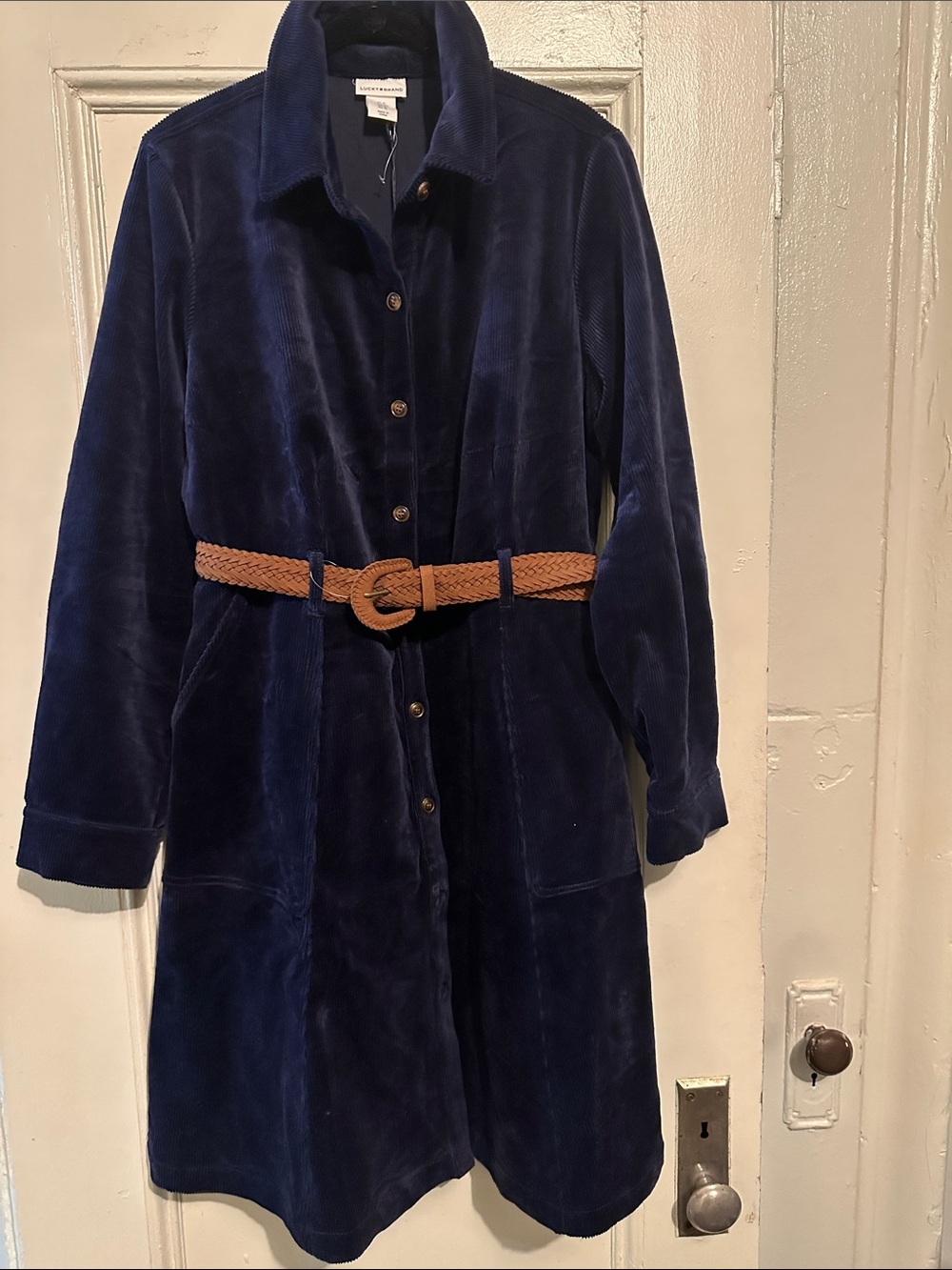 NWT Lucky Brand Navy Corduroy Shirt Dress w/ Tan Belt. Size XL. L 41” x W 19”.